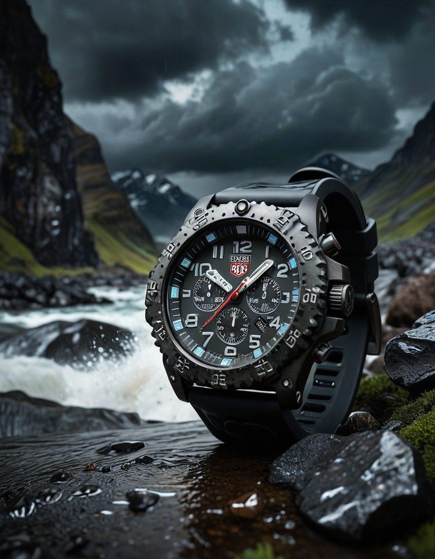 A rugged Luminox watch showcasing its durability against fierce natural elements: a dramatic backdrop of crashing waves and a stormy mountain landscape, with close-ups of the watch reflecting water droplets and rugged terrain. Highlight the watch's luminous features in low light conditions. super-realistic. vibrant colors. dramatic lighting.