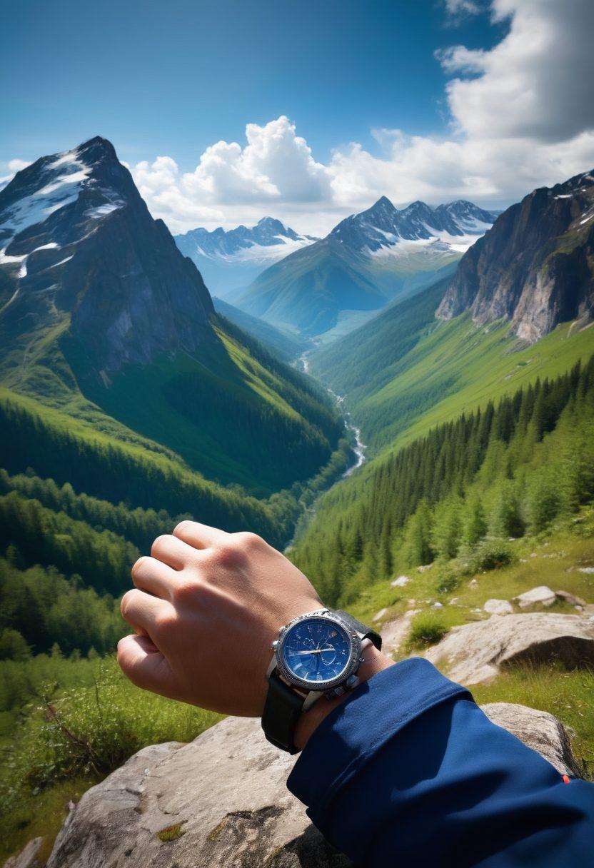 A rugged outdoor scene featuring an adventurer using Luminox timepieces while hiking through a picturesque mountain landscape. The watch should be prominently displayed, with sunlight glinting off its features, complemented by a panoramic view of towering peaks and forested valleys. Include elements like a compass and climbing gear to emphasize exploration. The color palette should evoke a sense of adventure with bright blue skies and vibrant greens. super-realistic. vibrant colors.