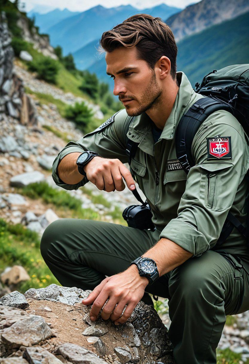 A striking juxtaposition of a military officer in camouflage gear checking a robust Luminox watch, contrasted with an adventurous hiker in rugged outdoor attire heavily relying on the same watch as they ascend a mountain trail. Elements of precision engineering and outdoor beauty surround them, showcasing the watch's versatility in both environments. Colors should be bold to evoke a sense of adventure and reliability. super-realistic. vibrant colors. outdoor setting.